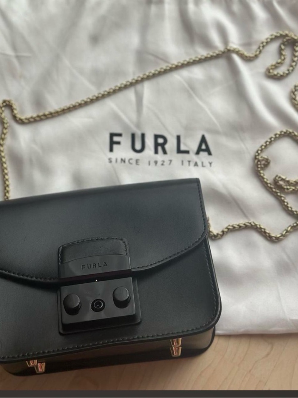 Furla Black Leather Crossbody mini with Gold Chain Strap brand new